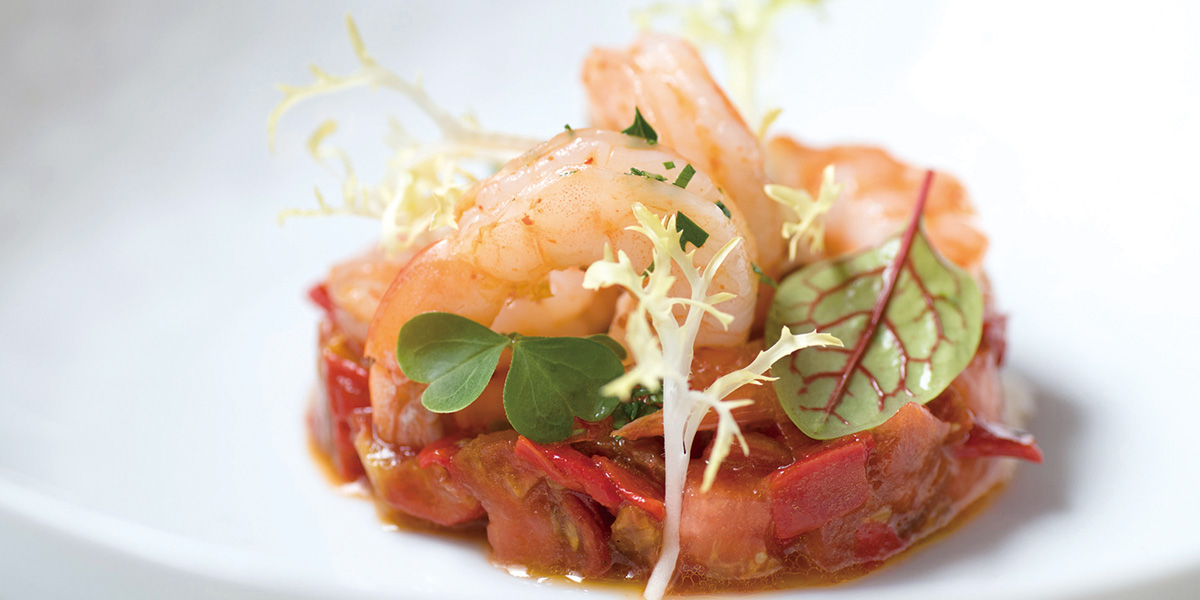 Coeur de Boeuf Tomatoes with Watermelon and Roasted Shrimp<br/>牛心茄配西瓜及烤蝦